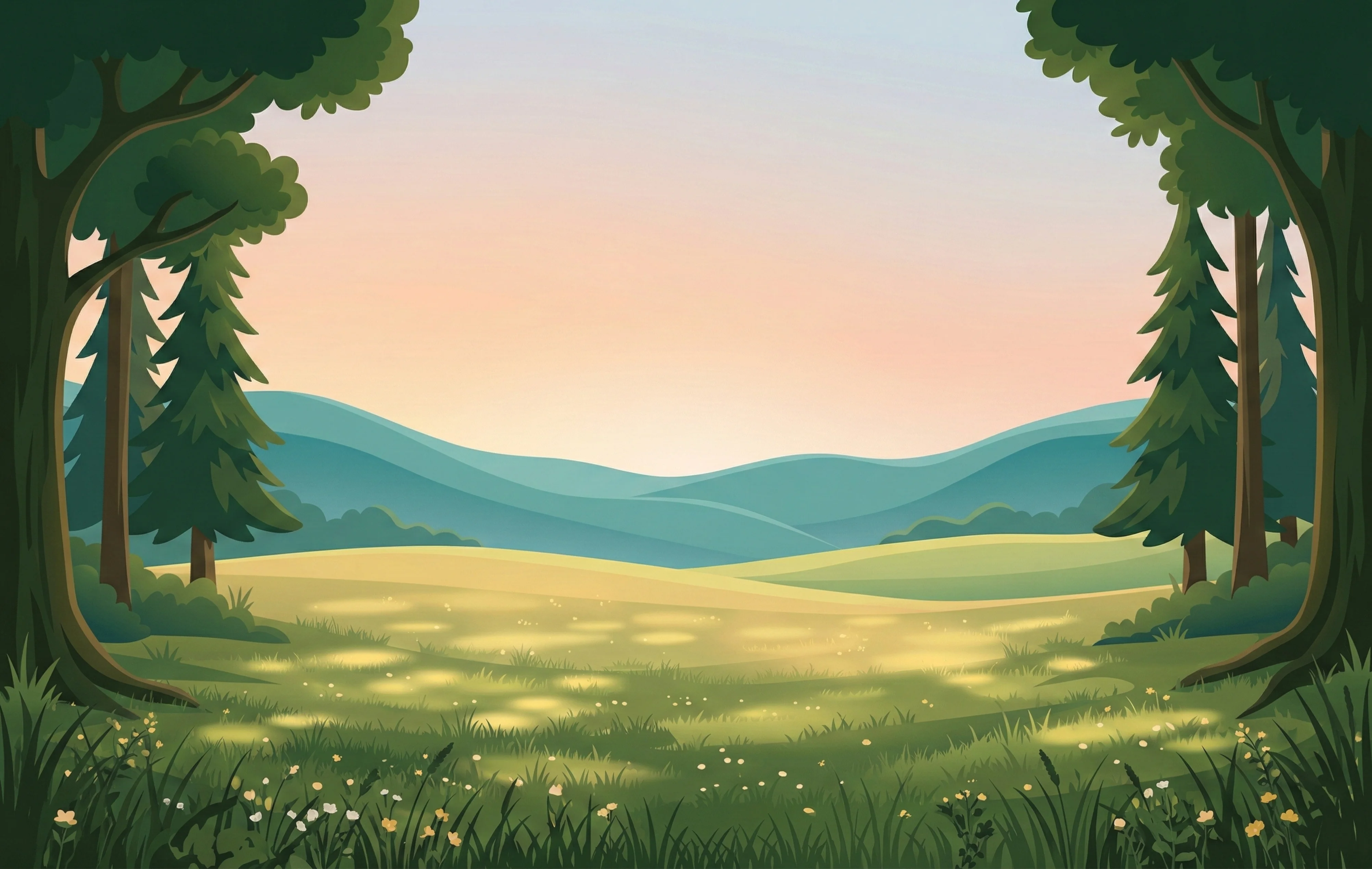 An illustrated forest clearing at dawn, with hills in the distance